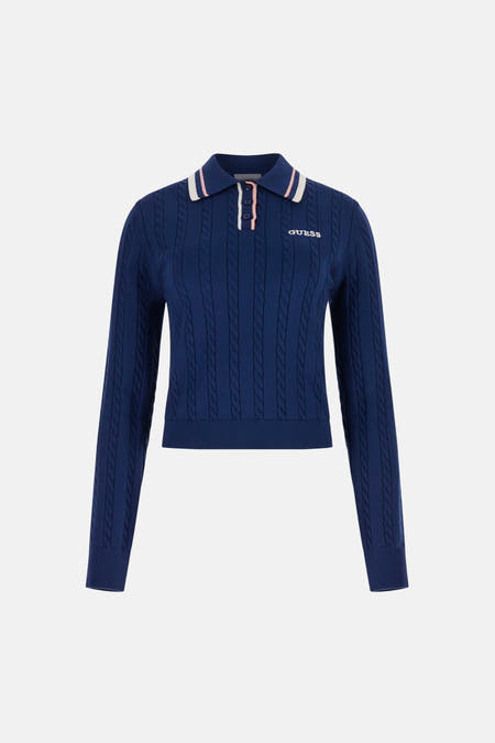 Blauwe trui van Guess, met kabelpatroon, polokraag met strepen en lange mouwen.