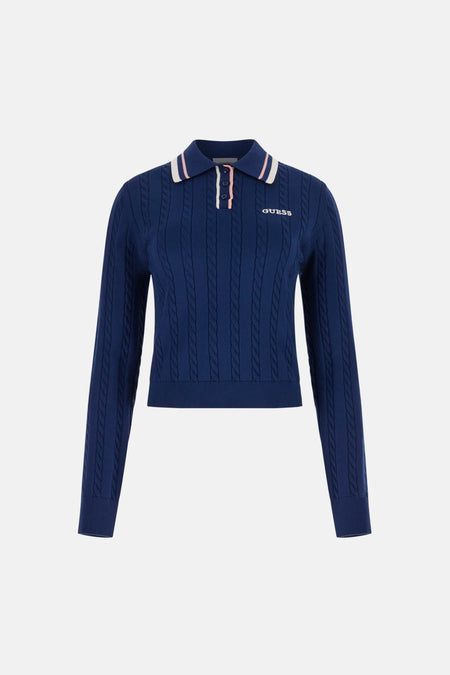 Blauwe trui van Guess, met kabelpatroon, polokraag met strepen en lange mouwen.