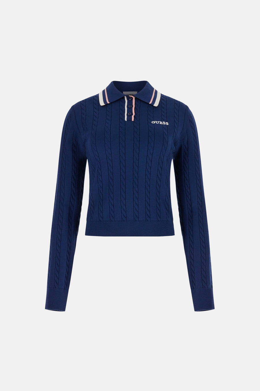 Pull bleu Guess® à manches longues et motif torsadé, dos.