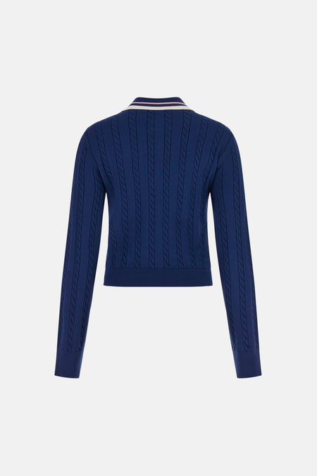 Blauwe trui van Guess® met lange mouwen en kabelpatroon, rugzijde.