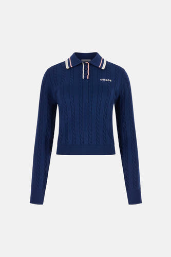 Pull bleu Guess à manches longues, motif torsadé et col polo à rayures roses et blanches.