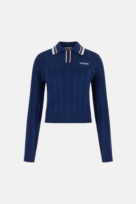 Blauwe trui van Guess met lange mouwen, kabelpatroon en een polokraag met roze en witte strepen.