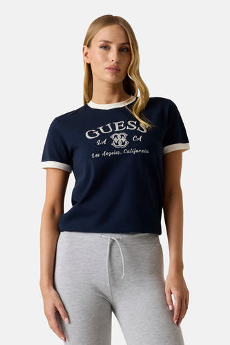 Donkerblauwe korte mouwen T-shirt met witte ronde hals en mouwbanden van Guess, voorzien van borduurwerk logo en Los Angeles tekst, front view.