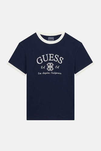 Donkerblauwe korte mouwen T-shirt met witte kraag en mouwbanden van Guess, voorzien van borduurwerk met logo en Los Angeles tekst, front view.