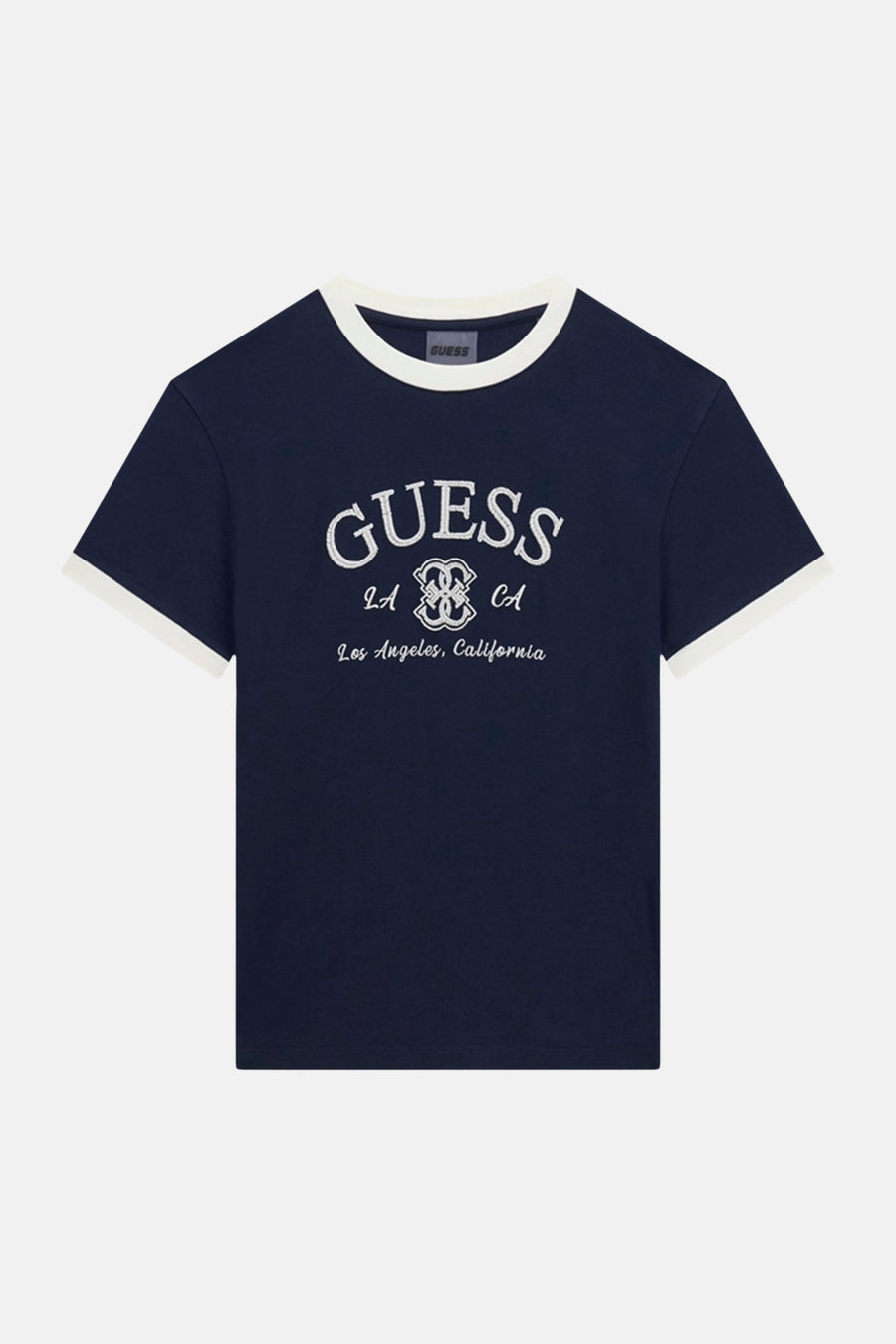 Donkerblauwe korte mouwen T-shirt met witte kraag en mouwbanden van Guess, voorzien van borduurwerk met logo en Los Angeles tekst, front view.