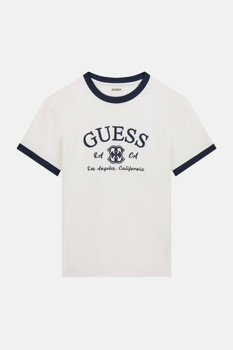Witte korte mouwen t-shirt met donkerblauwe ribbing van Guess, voorzien van borduurwerk met logo en Los Angeles tekst, front view.