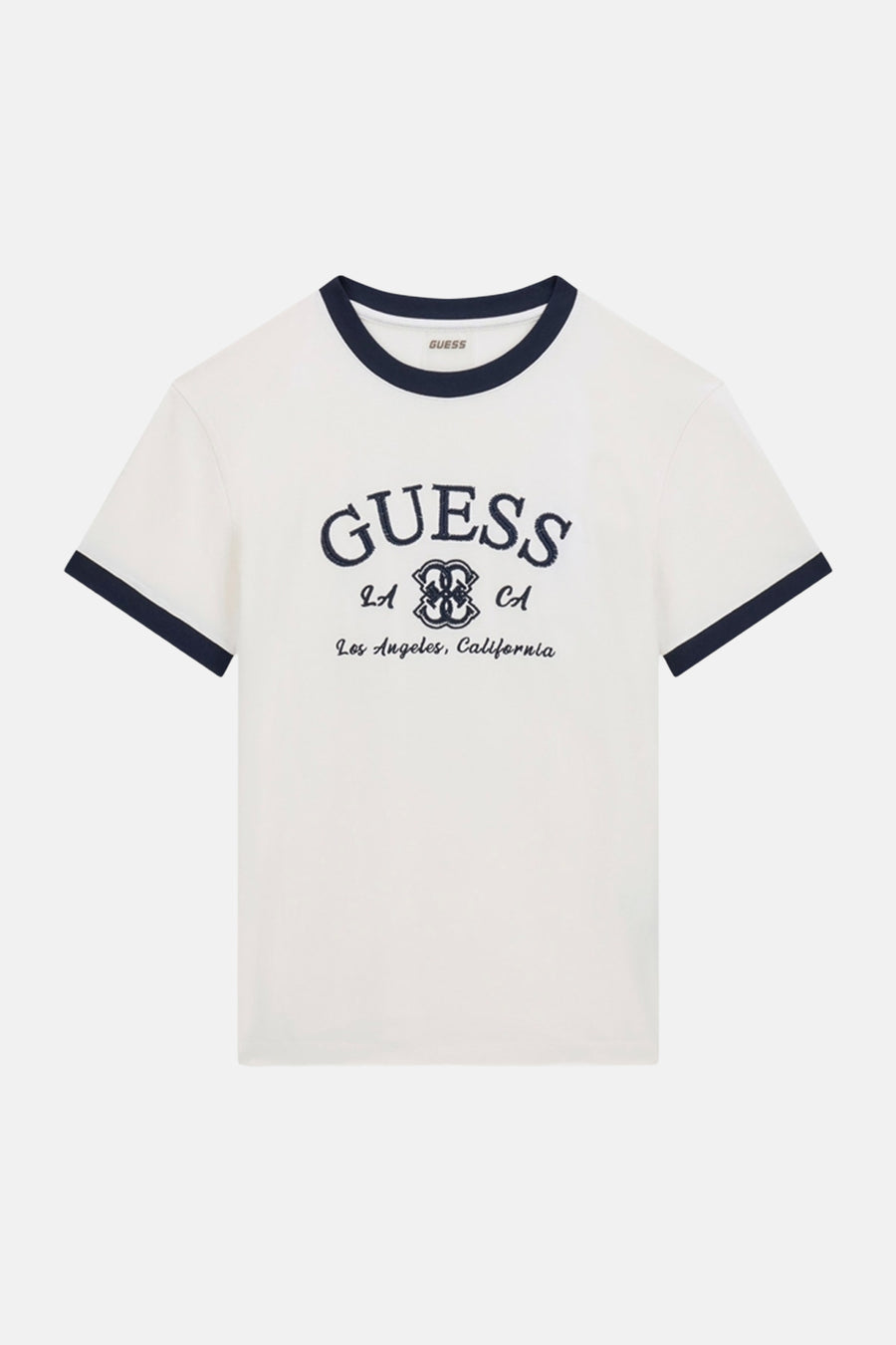 Witte korte mouwen t-shirt met donkerblauwe ribbing van Guess, voorzien van borduurwerk met logo en Los Angeles tekst, front view.