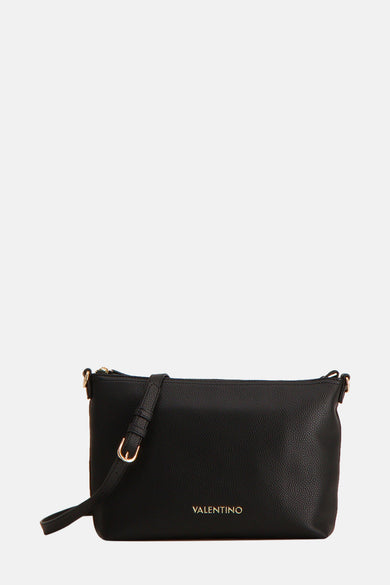 Zwarte schoudertas van VALENTINO BAGS, met een korrelige textuur en gouden accenten op de schouderband.

