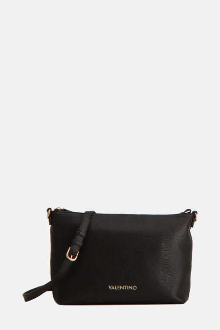 Zwarte schoudertas van VALENTINO BAGS, met een korrelige textuur en gouden accenten op de schouderband.
