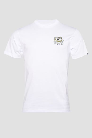 T-shirt blanc à manches courtes de VANS avec logo citron sur la poitrine, col rond et petite étiquette sur la manche, vue de face