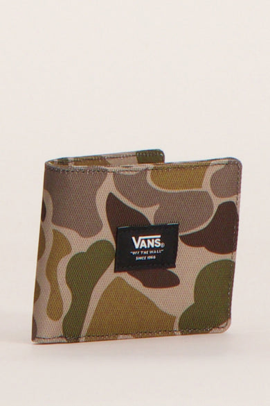 Groene portemonnee van VANS "OFF THE WALL" met camouflagepatroon en zwarte merklabel.