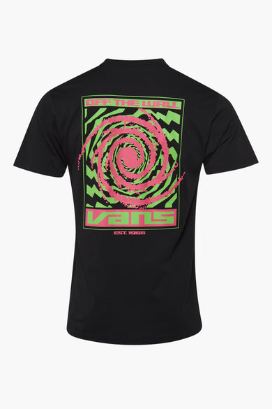 T-shirt noir VANS "OFF THE WALL" avec imprimé graphique vert et rose sur le dos.