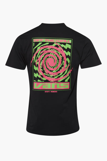 T-shirt noir VANS "OFF THE WALL" avec imprimé graphique vert et rose sur le dos.