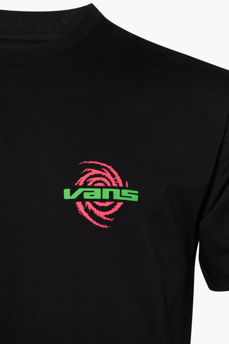 T-shirt noir VANS "OFF THE WALL" avec un logo vert et une spirale rose sur la poitrine.