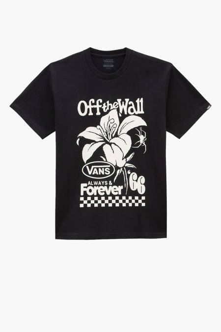 Zwart T-shirt met korte mouwen van VANS “OFF THE WALL” met grote witte grafische print van bloem, spin, tekst en checkerboard patroon.