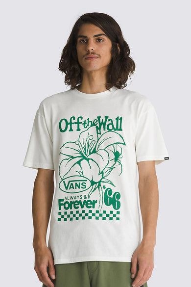 Ecru T-shirt van VANS “OFF THE WALL” met groene bloemenprint en checkerboard-patroon onderaan.