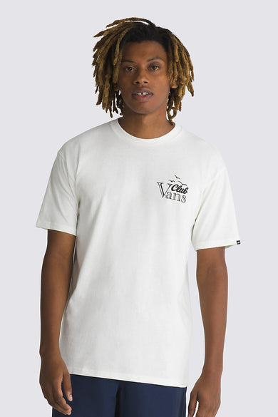 T-shirt écru à manches courtes de Vans, avec une petite impression noire sur la poitrine.
