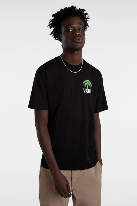 Zwart T-shirt met korte mouwen van VANS, met een palmboom en het merklogo op de borst.