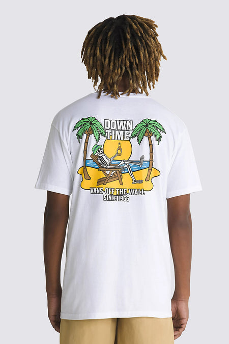 Wit T-shirt met korte mouwen van VANS “OFF THE WALL”, met strand- en skeletprint op de achterkant.