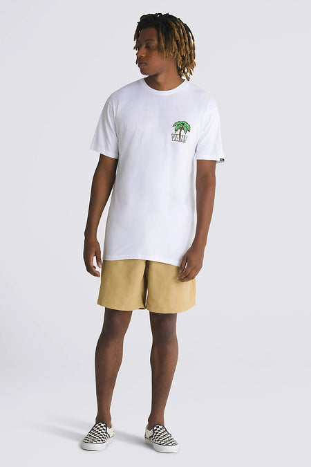 Wit T-shirt met korte mouwen van VANS, met klein palmboomlogo, gedragen met kaki shorts en zwart-wit geblokte instappers.
