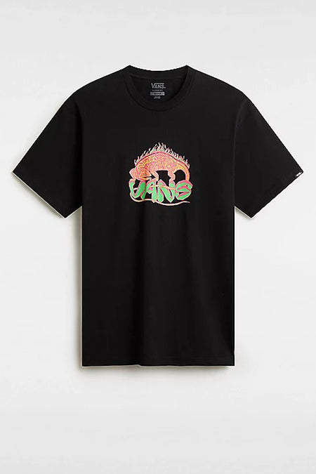 T-shirt noir à manches courtes VANS "OFF THE WALL" avec un lézard en feu et un imprimé "VANS" vert.