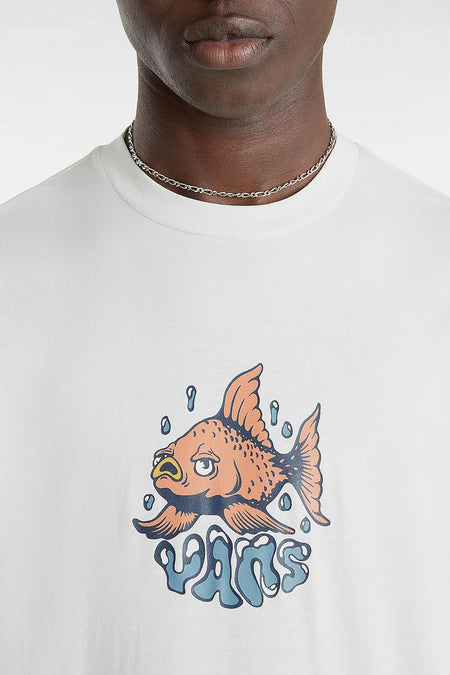 Ecru korte mouw T-shirt van VANS met kleurrijke visprint en logo, close-up voorzijde