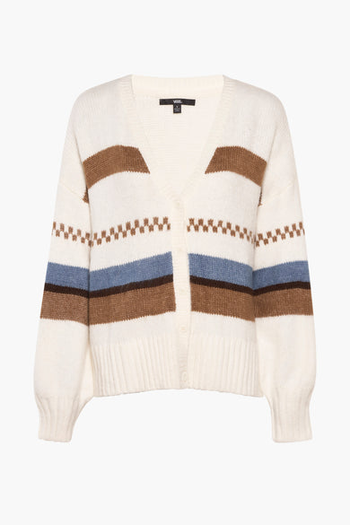 Ecru cardigan van Vans met bruine en blauwe strepen en knoopsluiting.