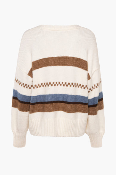 Ecru cardigan van VANS “OFF THE WALL”, met bruine en blauwe strepen en een zigzagpatroon.
