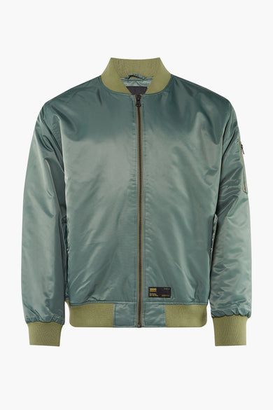 Groene korte jas van VANS “OFF THE WALL” met satijnlook, geribde boorden, ritssluiting en merklabel.