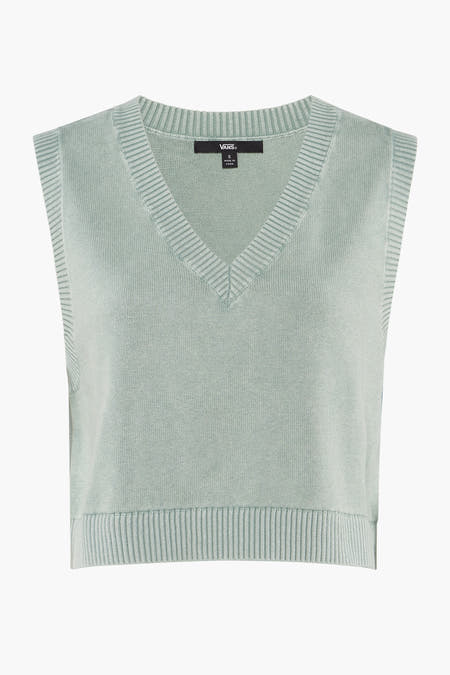 Pull vert menthe à col en V de VANS, avec bords côtelés et tricot fin, gros plan.