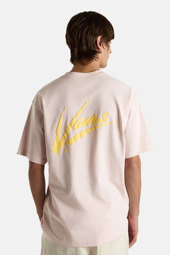 T-shirt rose à manches courtes de VANS "OFF THE WALL", avec impression de texte jaune sur le dos.