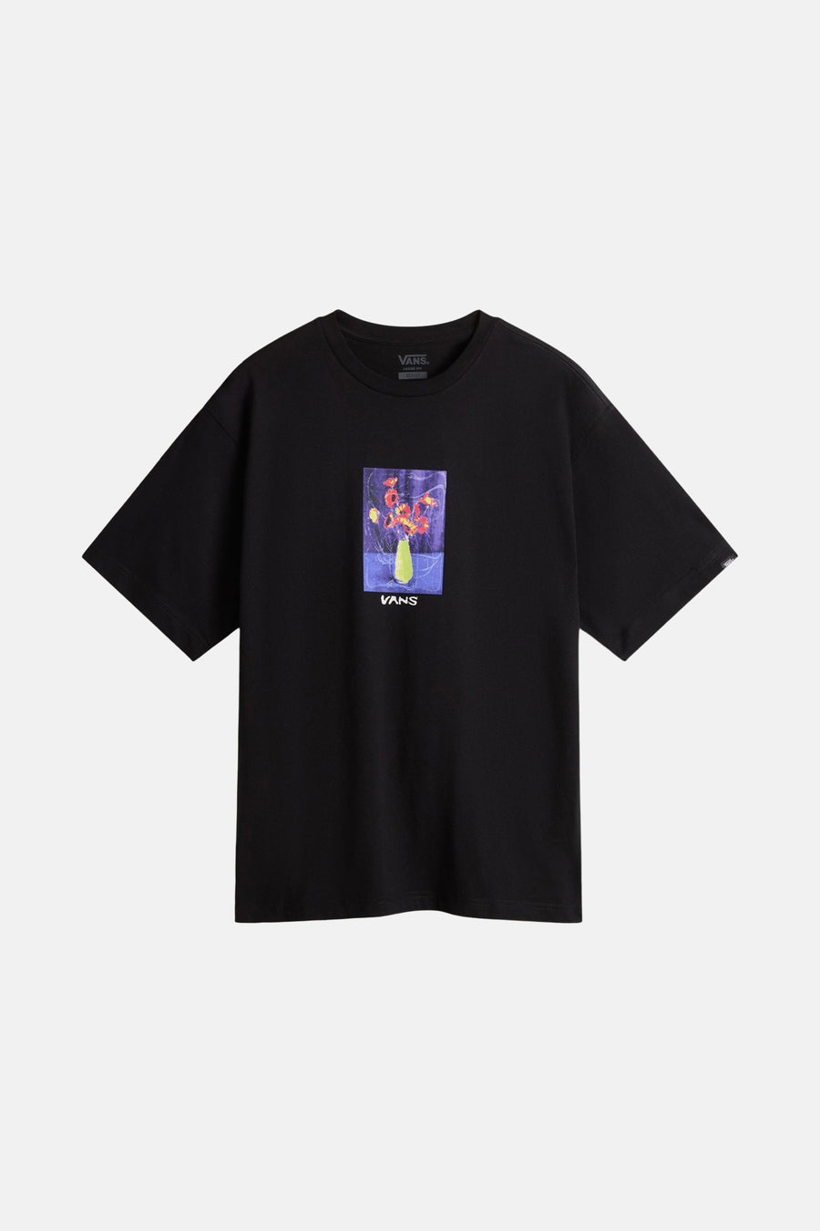 Zwart T-shirt met korte mouwen van VANS, met een afbeelding van een vaas met bloemen erop.
