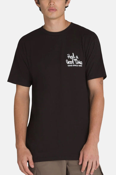 T-shirt noir à manches courtes de Vans avec une étiquette blanche "J'ai passé un bon moment !".