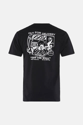 Zwart T-shirt met korte mouwen van VANS “OFF THE WALL”, met witte opdruk van een bestelwagen op de rug.
