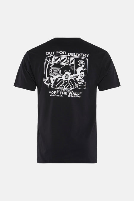 Zwart T-shirt met korte mouwen van VANS “OFF THE WALL”, met witte opdruk van een bestelwagen op de rug.
