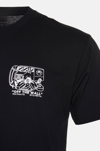 Zwart T-shirt met korte mouwen van VANS “OFF THE WALL”, met witte print van een busje.

