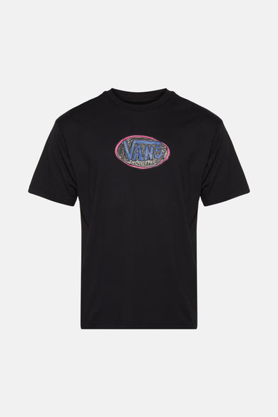 T-shirt noir à manches courtes de VANS "OFF THE WALL", avec un logo ovale imprimé en bleu et rose.