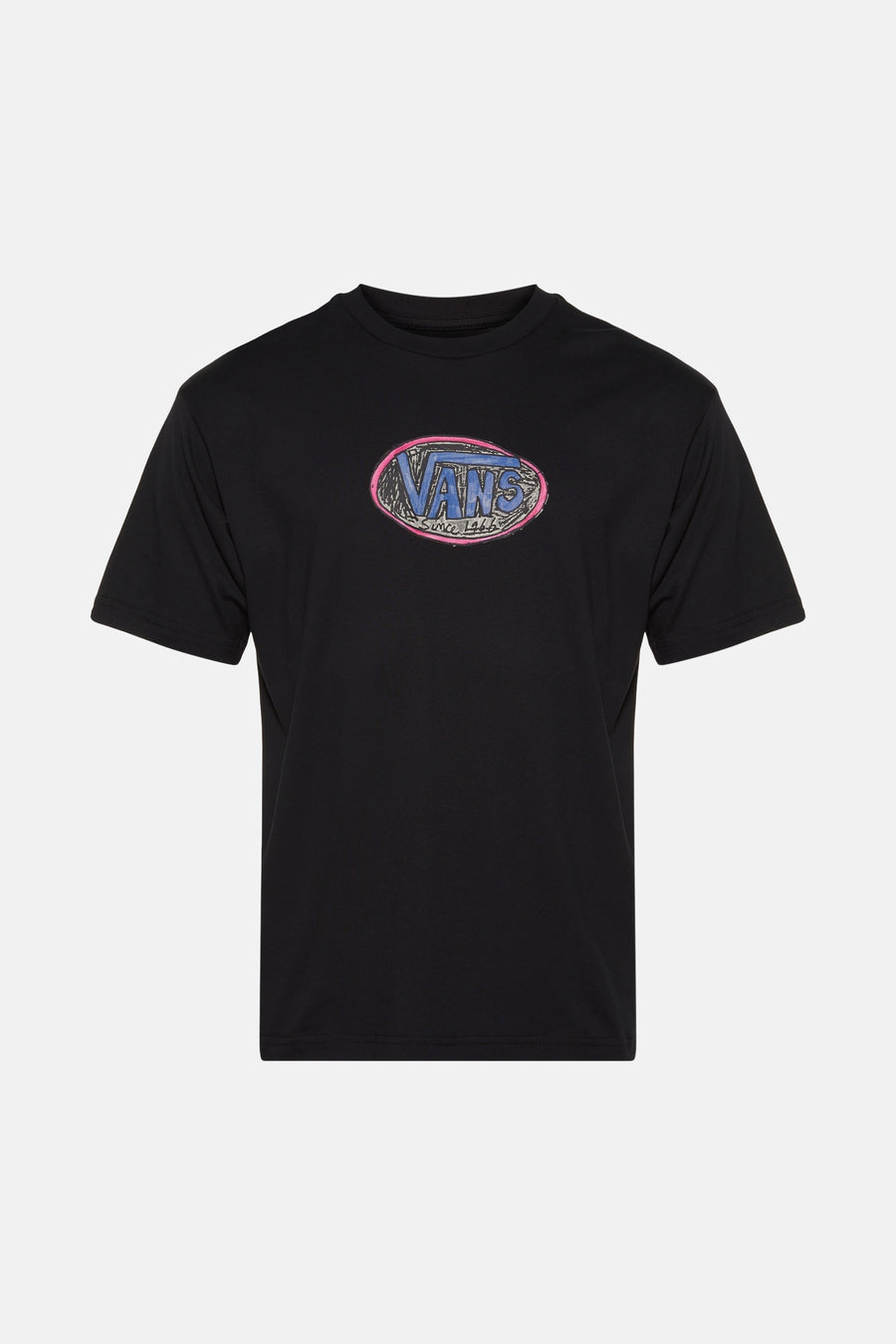 T-shirt noir à manches courtes de VANS "OFF THE WALL", avec un logo ovale imprimé en bleu et rose.