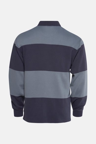 Pull-over bleu VANS "OFF THE WALL" avec des rayures horizontales, des manches longues et un col, vu de derrière.