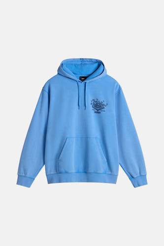 Pull-over bleu avec capuche VANS "OFF THE WALL", doté d'une impression sur la poitrine et d'un sac à dos.