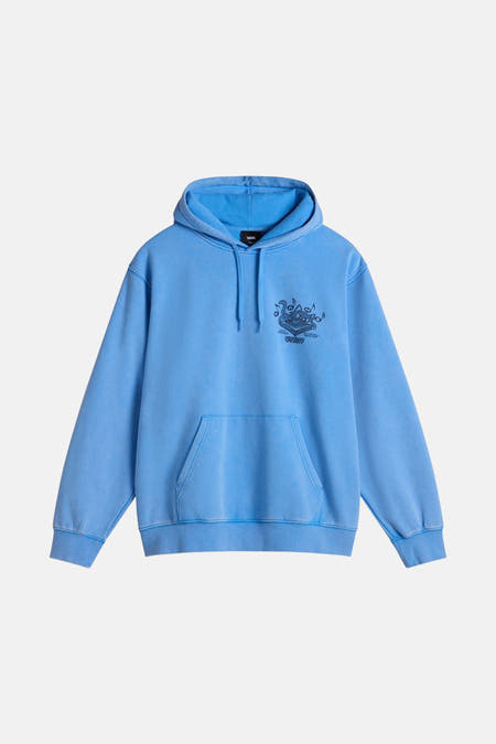 Blauwe sweater met kap van VANS “OFF THE WALL”, met een print op de borst en een buidelzak.