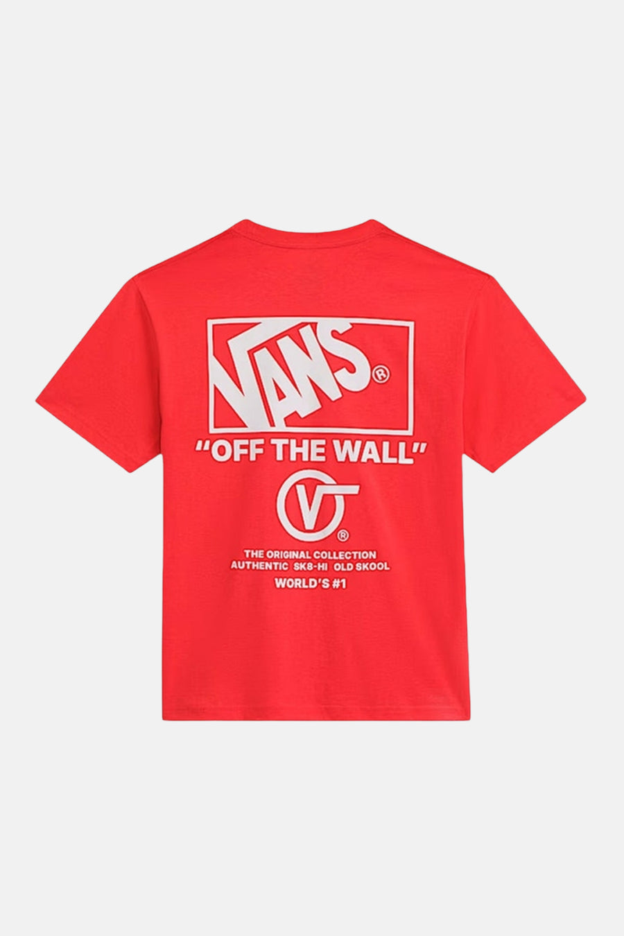 Rood T-shirt met korte mouwen van VANS “OFF THE WALL” met logo en tekst op de rug.
