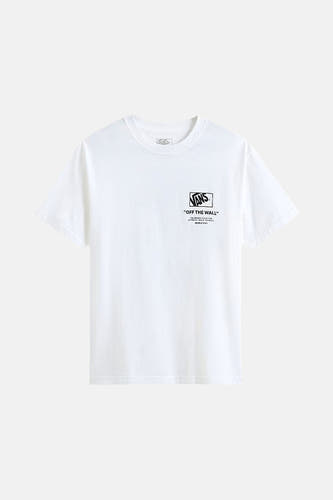 T-shirt blanc VANS "OFF THE WALL" avec des manches courtes et un logo noir sur la poitrine.