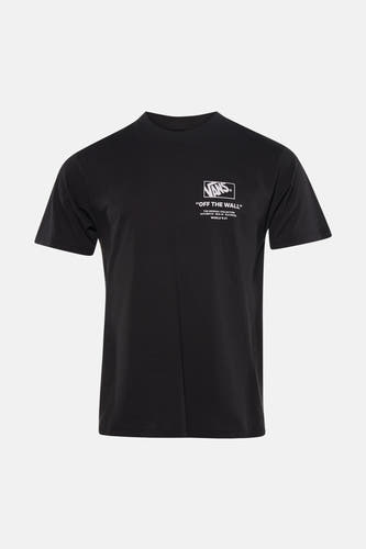 Zwart T-shirt van VANS "OFF THE WALL" met witte print op de borst, korte mouwen en ronde hals.
