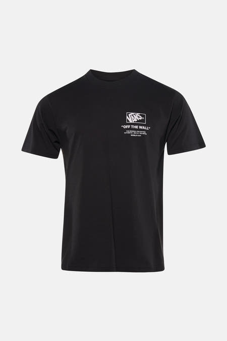 Zwart T-shirt van VANS "OFF THE WALL" met witte print op de borst, korte mouwen en ronde hals.
