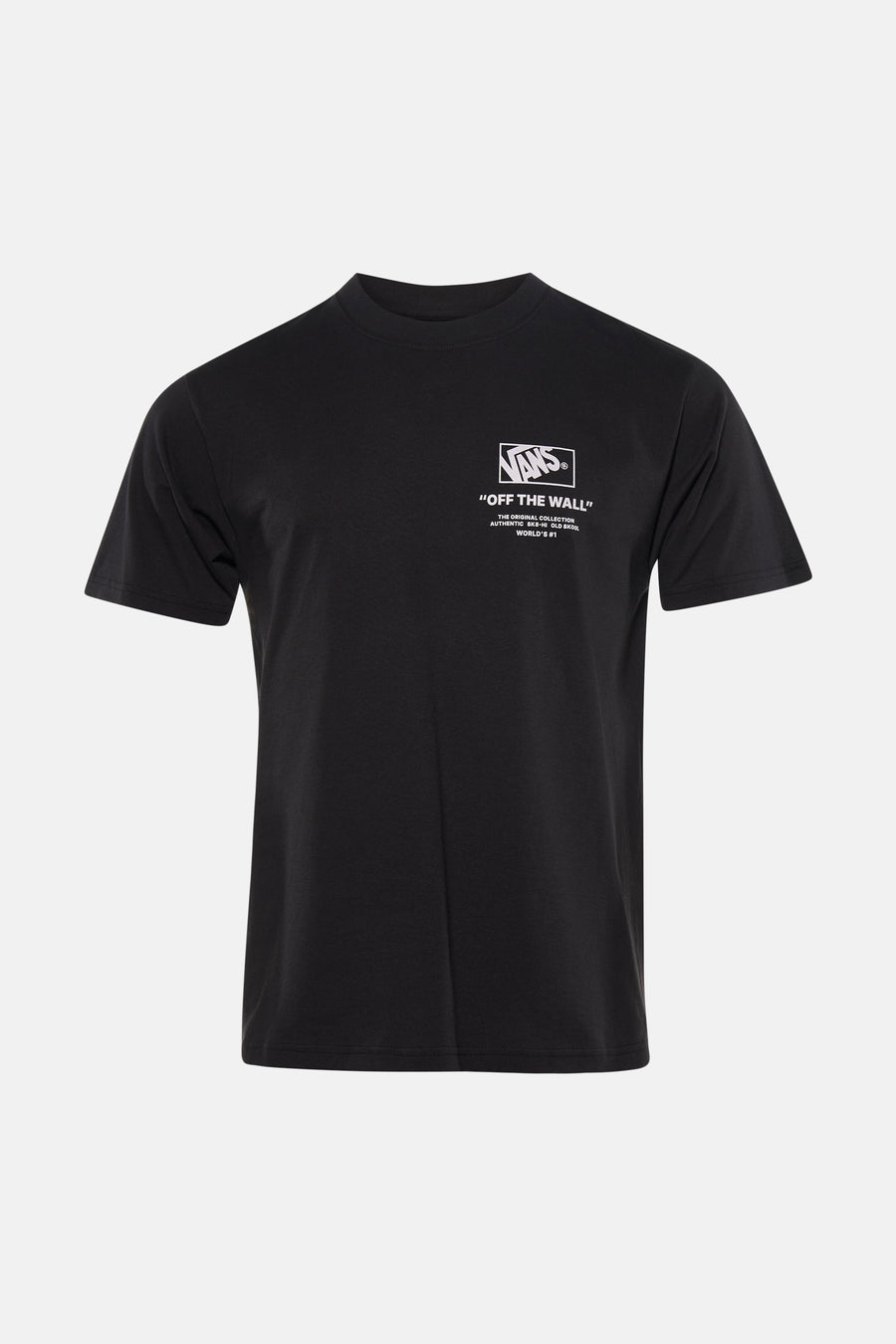 Zwart T-shirt van VANS "OFF THE WALL" met witte print op de borst, korte mouwen en ronde hals.
