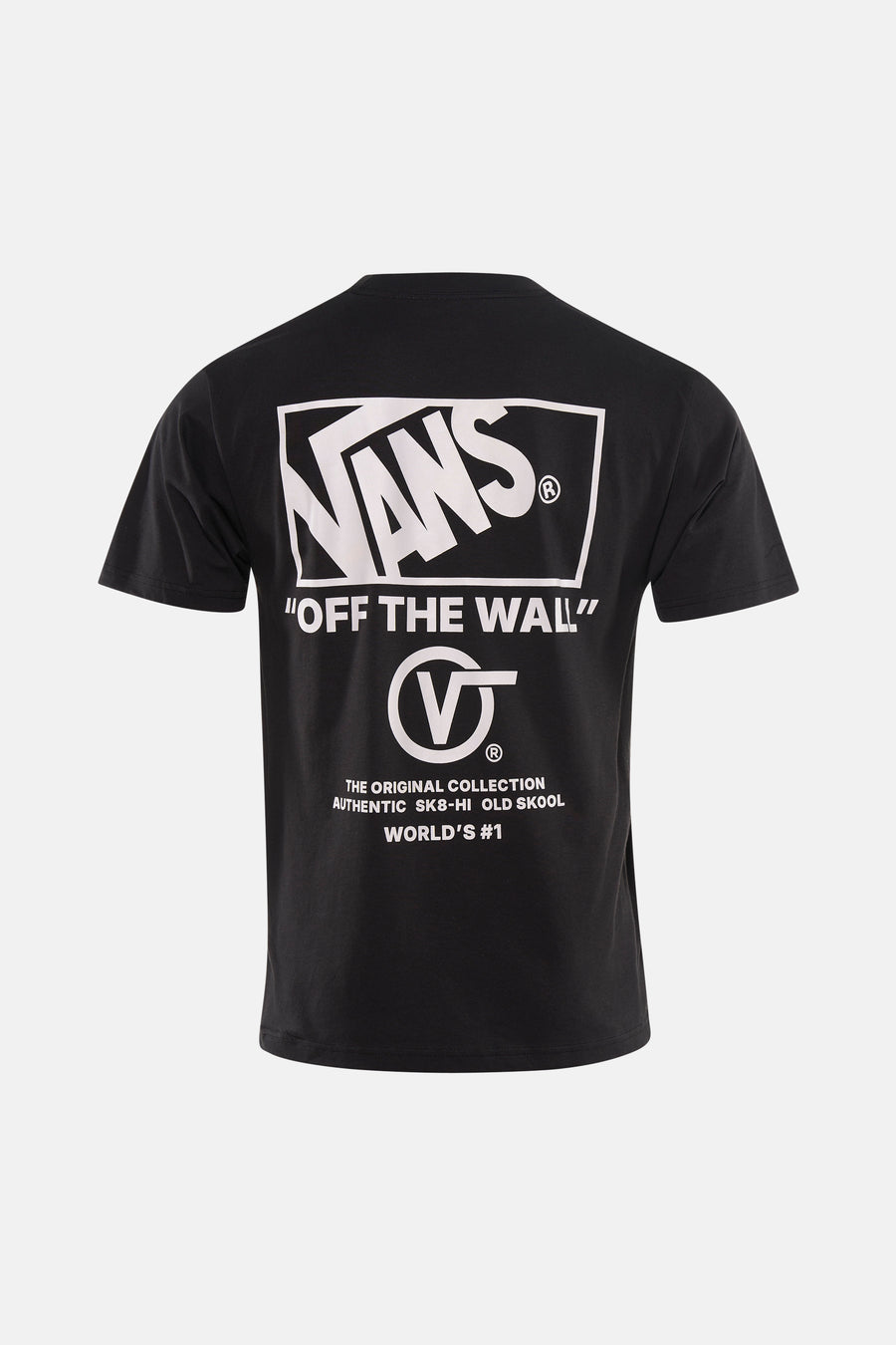 Zwart T-shirt van VANS “OFF THE WALL” met witte logo opdruk op de rug.
