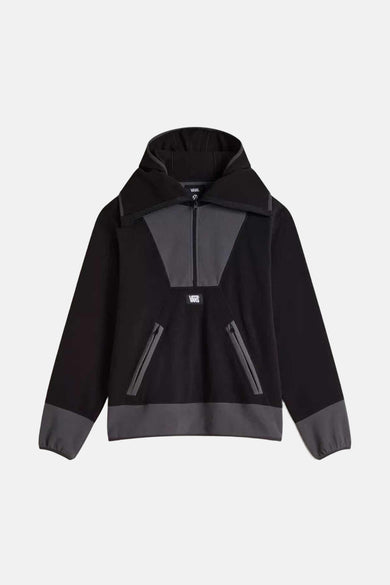 Zwarte fleece van Vans, met grijze accenten op de kraag, rits, zakken en manchetten.
