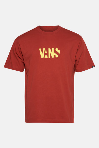 Rood T-shirt met korte mouwen van VANS, met geel logo op de voorkant.