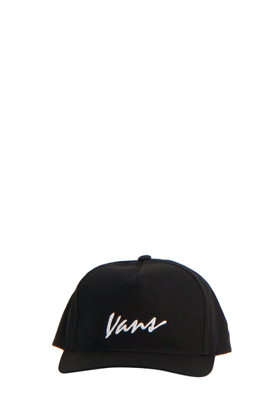 Zwarte pet van Vans, met een wit geborduurd logo aan de voorkant.